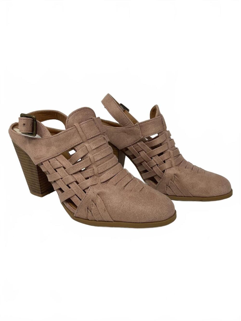 Qupid Womens Size 8 Nude Taupe Faux Suede Woven Slingback Heels Stacked Block